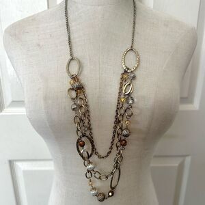 Laila Rowe triple  Strand long gold tone crystal faux pearl necklace